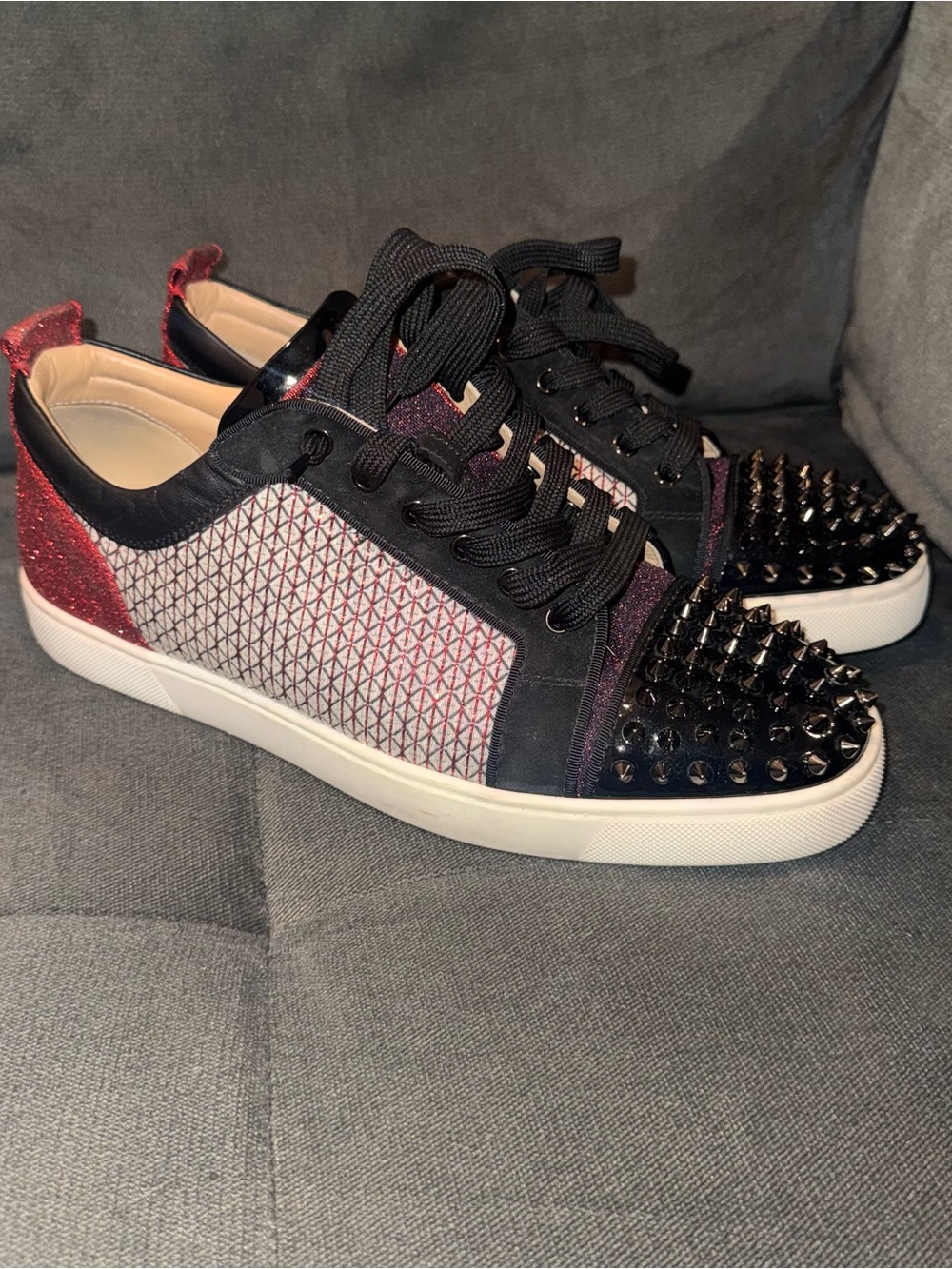 Christian Louboutin Black and Red Spike-Embellished Low-Top Sneakers
